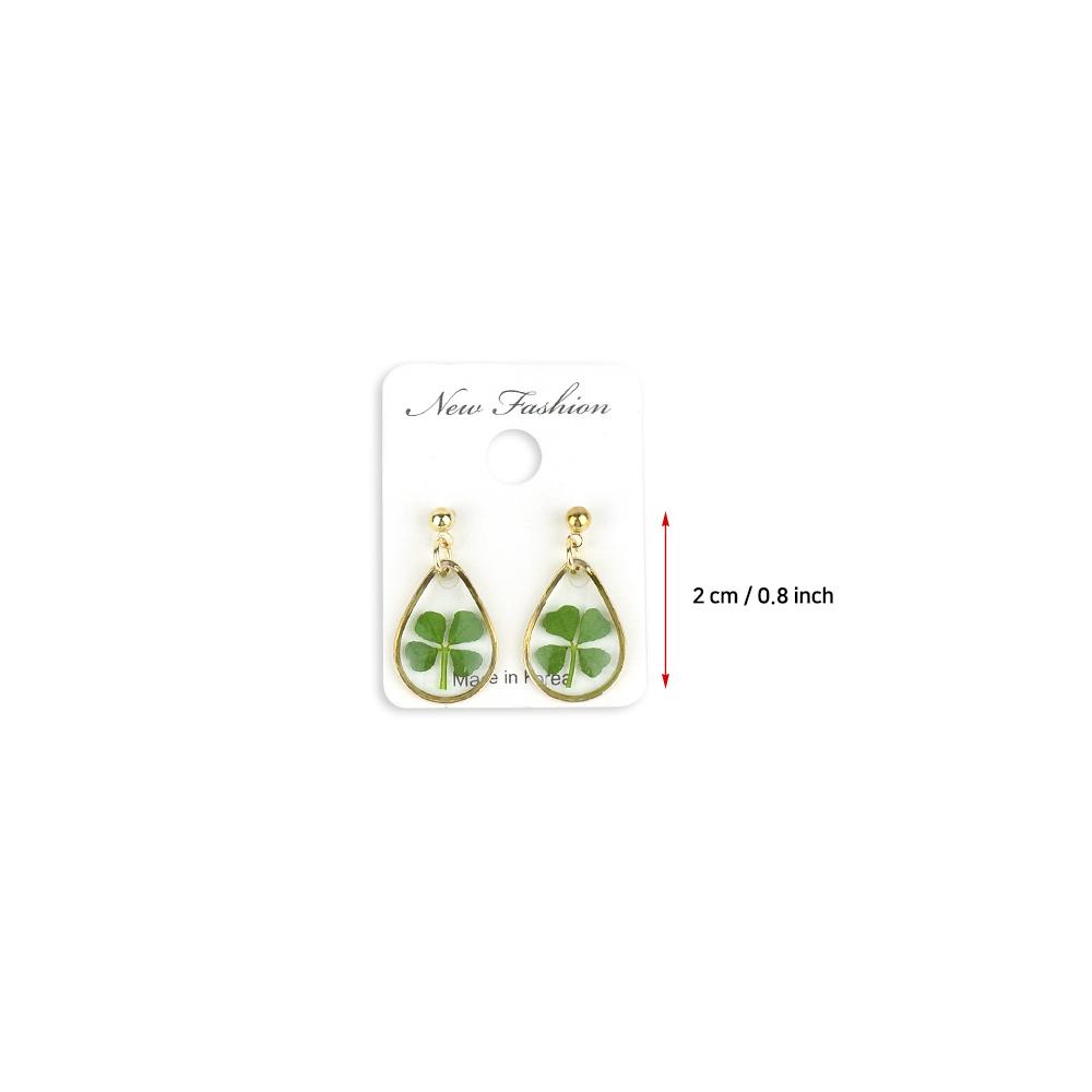 Resin Craft Earring with Four Leaf Clover Dangle Real Lucky Clover Ear Rings - Water Drop Type