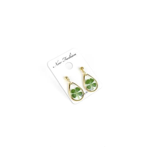 Resin Craft Earring with Four Leaf Clover Dangle Real Lucky Clover Ear Rings - Water Drop Type