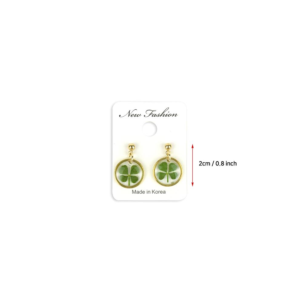 Resin Craft Earring with Four Leaf Clover Dangle Real Lucky Clover Ear Rings - Round Type