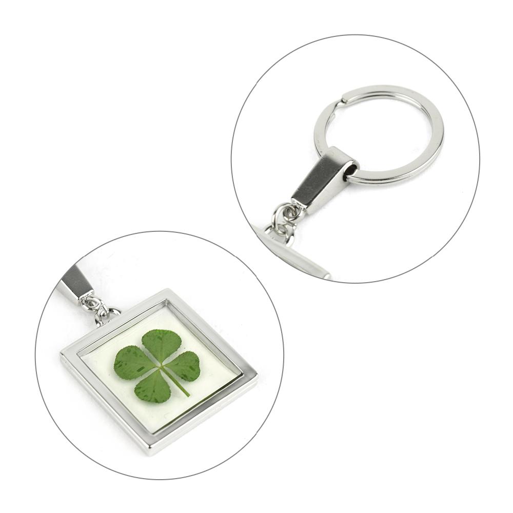 Clover Keyring - Fancy Resin Craft Art Pressed Real Four Leaf Clover Key Chain - Square Shape