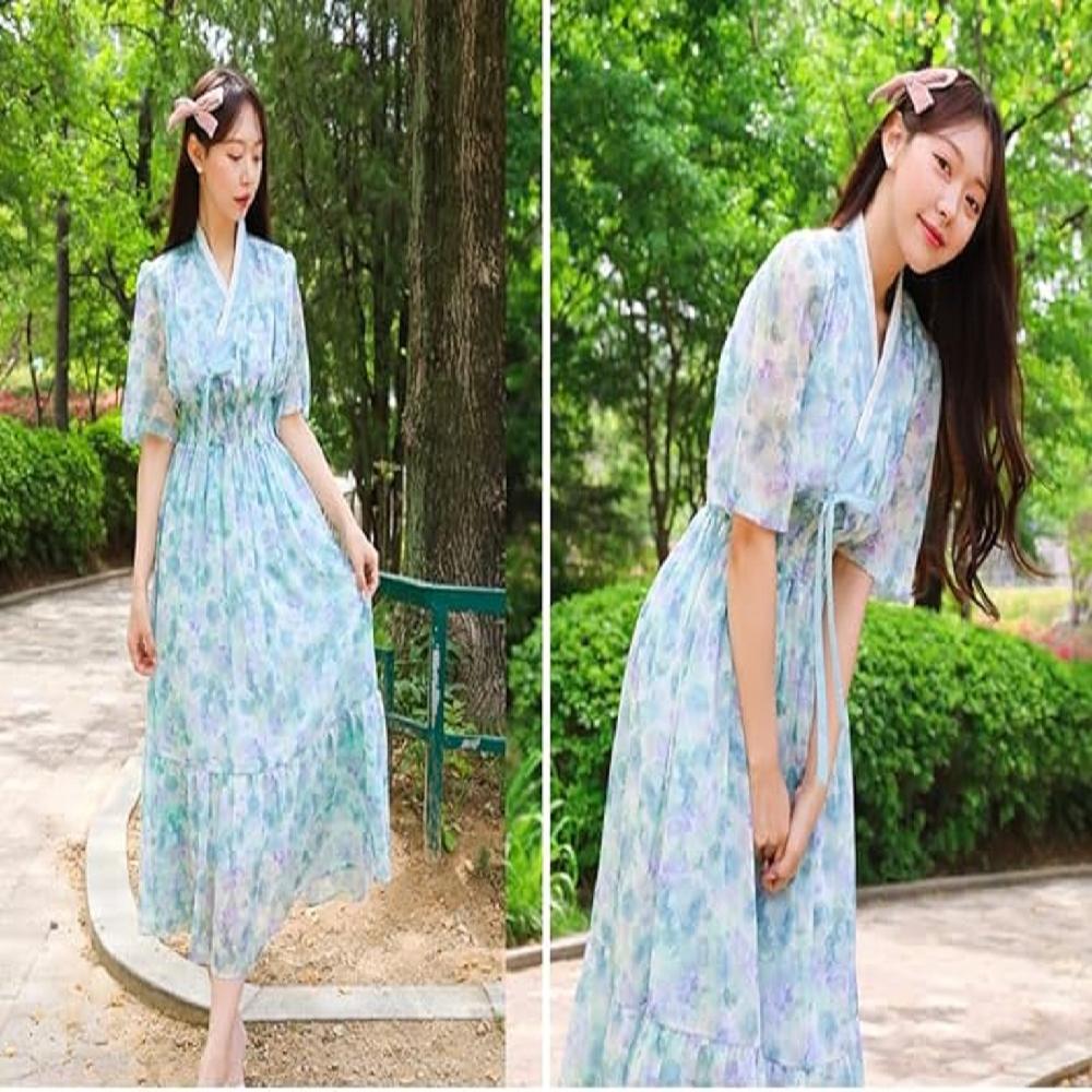 LEESLE Ylang Summer Chiffon Short Sleeves Women Hanbok Long Dress